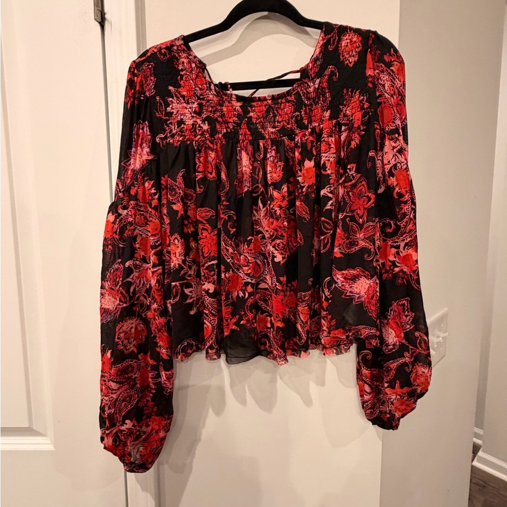 Free People Black & Red Floral Smocked Peasant Blouse